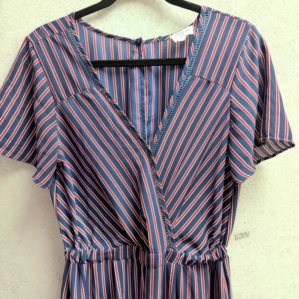 Sienna Sky Large Blue Red Striped V Neck Short Sleeve Elastic Waist Jumpsuit - Picture 2 of 8